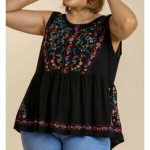 New Umgee Tank Top Black Floral Embroidered Sleeveless Plus Size Boho Peasant